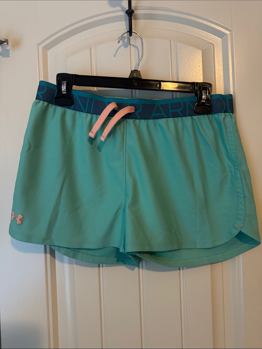 Under Armour Teal Athletic Shorts with Navy Waistband and Pink Drawcord